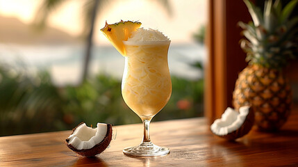 Pina Colada - cocktail with rum, coconut and pineapple. Drinks with a tropical twist - obrazy, fototapety, plakaty