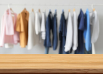 Wood table for display products with blurred clothes hanging