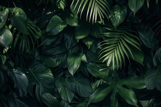Fototapeta Lush green foliage texture in a dark moody forest, perfect for natural backgrounds and botanical themes.  