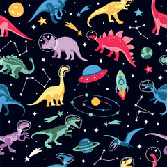 Astronaut dinosaur character set design. Cute space illustration. Dinosaur,space ship, rocket vector print. - 780549510