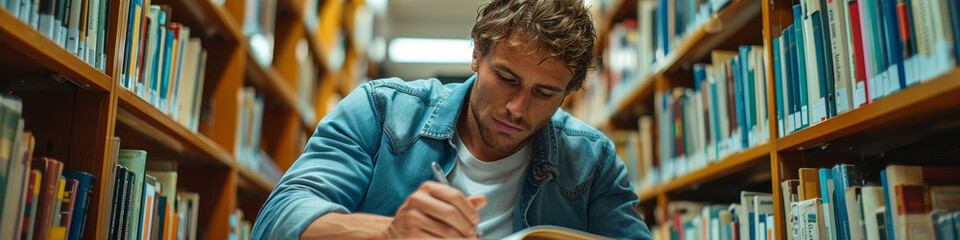 Young Man Studying in Library with Concentration