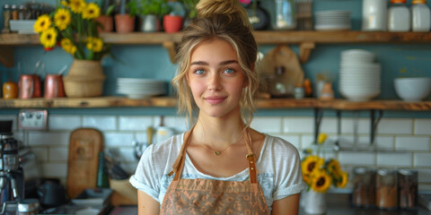 Smiling Barista in Rustic Cafe Setting with Sunflowers