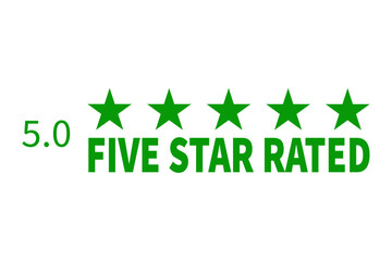 Five star rating badge, review rating, customer feedback.