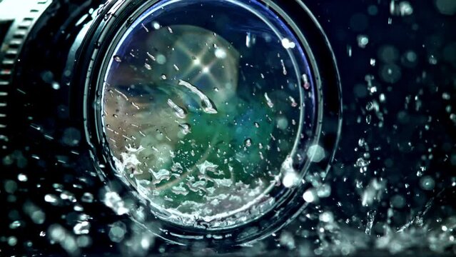 Super slow motion drops of water fall on camera, lens. High quality FullHD footage
