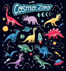 Astronaut dinosaur character set design. Cute space illustration. Dinosaur,space ship, rocket vector print.