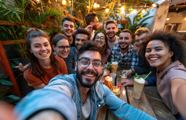 A group of friends having dinner together at an outdoor table, smiling and taking selfies while eating food with red wine on the side