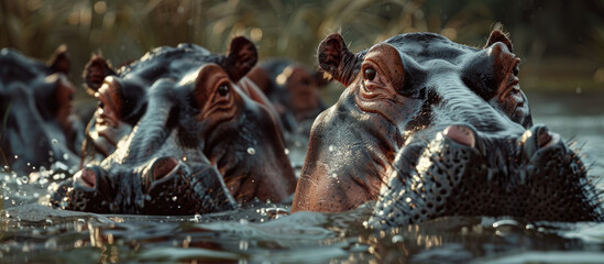 A group of hippos in the water, motion capture - obrazy, fototapety, plakaty