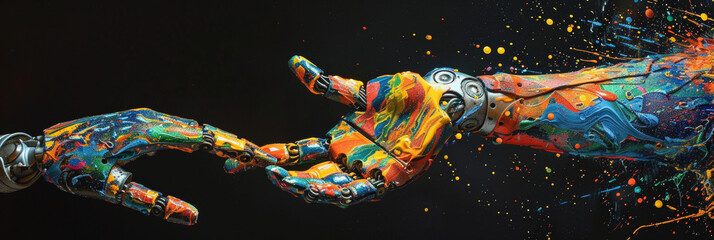 Colorful Paint Splash with Robotic Hands Engaging in a Futuristic Handshake