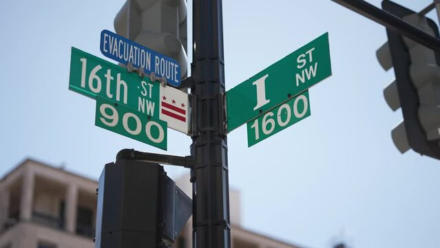 I street NW and 16th street NW street signs in downtown Washington DC symbolizing lobbying and corruption in nations capital