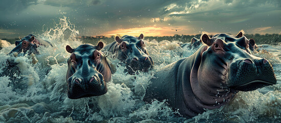 A group of hippos in the water, motion capture - Powered by Adobe