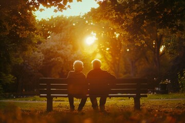 Elderly couple holding hands, lifetime love beating, park bench, sunset, wide shot, nostalgic romantic feel