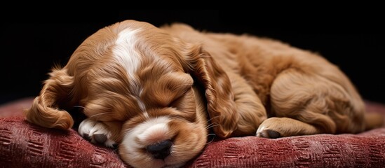 A red and white American Cocker Spaniel puppy, resembling a stuffed toy, sleeping at 9 weeks old.