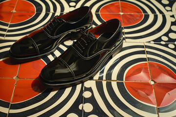 Elegant Black Dress Shoes on Retro Patterned Floor
