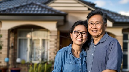 happy Asian couple in front of their new house, sunny, mortgage concept