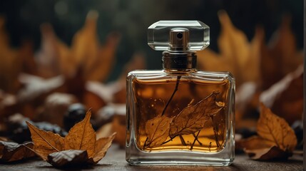 dried leaves background with beautiful glass for womens perfume bottle from Generative AI