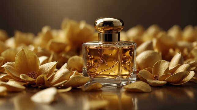 gold flower petals background with beautiful glass for womens perfume bottle from Generative AI