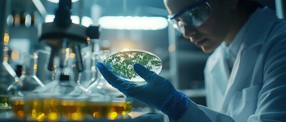 A scientist is holding a glass slide with a plant on it