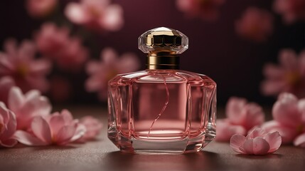 Obraz na płótnie Canvas pink petals background with beautiful glass for womens perfume bottle from Generative AI