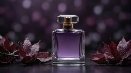 Obraz na płótnie Canvas purple leaves background with beautiful glass for womens perfume bottle from Generative AI