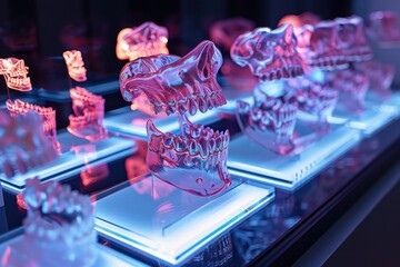 A display of teeth in a glass case with a blue light shining on them