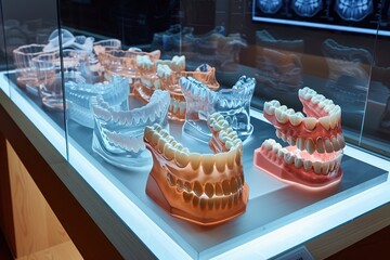 A display of teeth models in a glass case