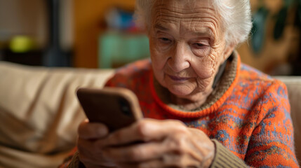 Elderly person using smartphone. Concerned old lady using smartphone. Concept: Older adults using technology, making a call, threats and phishing, Internet fraud.