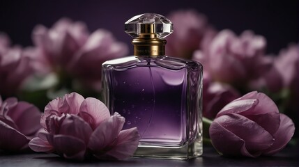 Obraz na płótnie Canvas purple petals background with beautiful glass for womens perfume bottle from Generative AI
