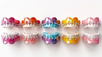 A row of teeth with braces in different colors - obrazy, fototapety, plakaty