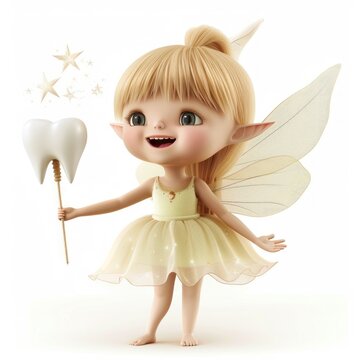 A fairy with a toothbrush and a tooth in her mouth