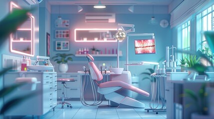 A cartoonish depiction of a dentist's office with a pink chair