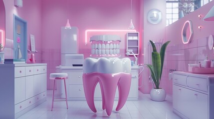 A pink room with a fake tooth on a table