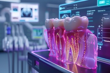 A display of teeth with a computer monitor behind them