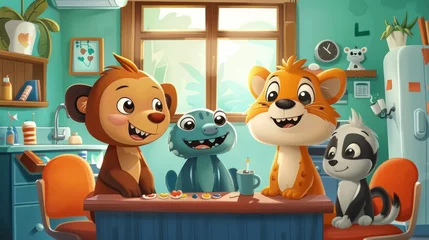 Fotobehang A cartoon of four animals sitting around a table with a clock on the wall © Woraphon