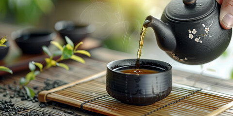 Traditional Asian Tea Ceremony with Pouring Tea and Aromatic Leaves - obrazy, fototapety, plakaty
