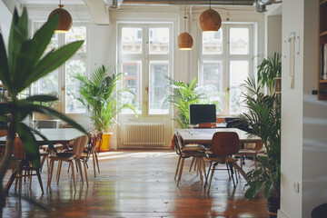 Obraz premium Modern Home Office Interior with Natural Light and Lush Greenery