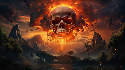 Fantasy Skull Igniting the Sky over Mystical Jungle Landscape - obrazy, fototapety, plakaty