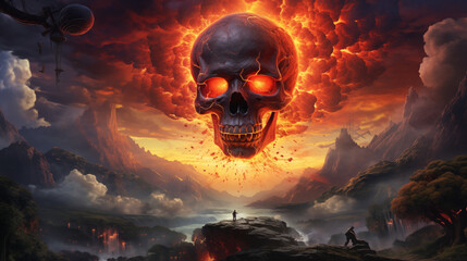 Epic Fantasy Art of a Skull Exploding over a Mystic Valley