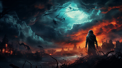 Gothic Fantasy Landscape with Hooded Figure and Haunted Castle