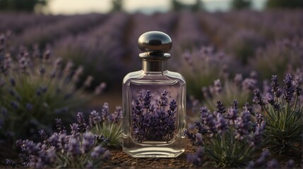lavender field background with beautiful glass for womens perfume bottle from Generative AI