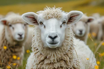 Fotobehang Curious Sheep in Pasture: Captivating Flock Portrait with Vivid Details © smth.design