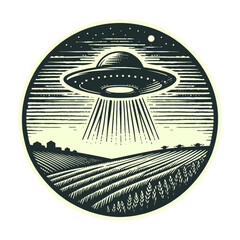 UFO flying over the field landscape emblem illustration © Satoru Sketches