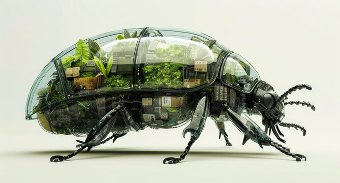A futuristic beetle with a transparent shell and mechanical legs, filled inside with an array of plants and digital devices
