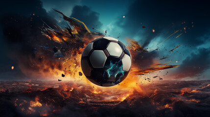 Fototapeta premium Soccer Ball Bursting with Energy in Volcanic Landscape