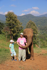 Tourist child, cute kid, man and elephant in Chiang Mai, Thailand. Thai animal. Friendship. Boy feeds asian elephant. Thai nature, scenery, beautiful landscape