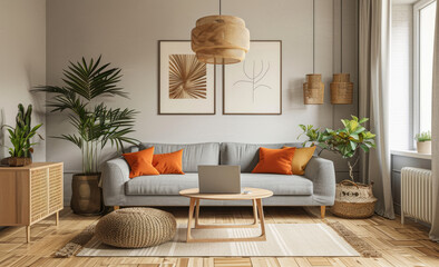 A modern living room with wooden flooring, a grey sofa and a white rug. A wood side table holding an open laptop computer. Two orange pillows on the couch.