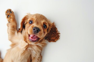 Cute playful small dog cocker spaniel sitting looking up with funny face on white studio background. Portrait of happy puppy having fun with its tongue out. Beautiful cute pup playing close up. Banner - obrazy, fototapety, plakaty