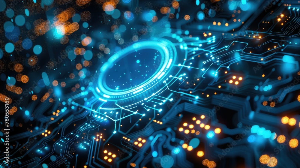 Aufkleber The background of the poster is blue, with a small amount of light which incorporates elements such as circuit board pattern rays which are not very obvious shining from it. Generative AI.