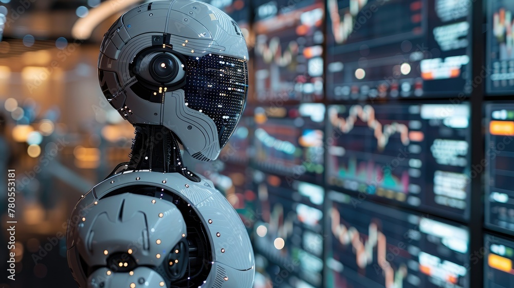 Poster Robot standing in front of an trading chart, use of artificial intelligence for stock market analysis. Generative AI.