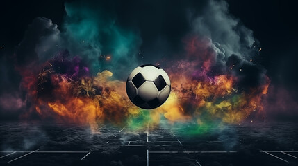 Fototapeta premium Soccer Ball Bursting with Colorful Smoke on Field