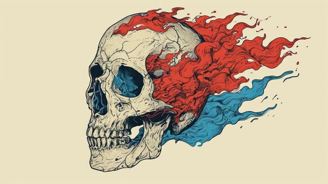 Skull with red and blue fire details, intricately lined, set on a contrasting color backdrop
